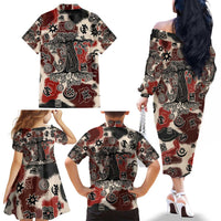 Sacred Heritage Family Matching Off The Shoulder Long Sleeve Dress and Hawaiian Shirt African Abstract Baobab Tree, Ethnic Symbols, and Red-Black Pattern - Wonder Print Shop