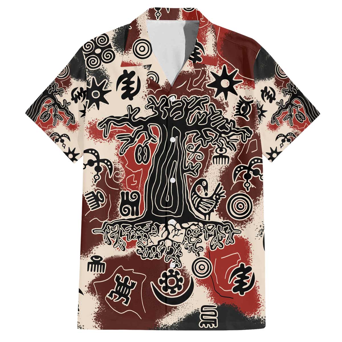 Sacred Heritage Family Matching Off The Shoulder Long Sleeve Dress and Hawaiian Shirt African Abstract Baobab Tree, Ethnic Symbols, and Red-Black Pattern - Wonder Print Shop