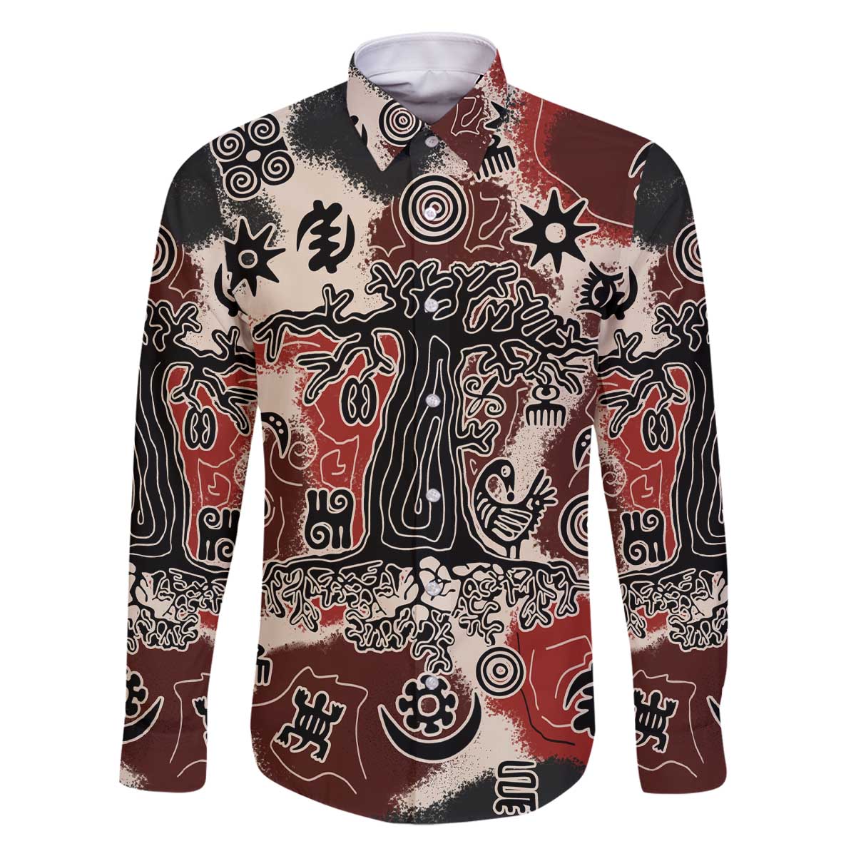 Sacred Heritage Family Matching Off The Shoulder Long Sleeve Dress and Hawaiian Shirt African Abstract Baobab Tree, Ethnic Symbols, and Red-Black Pattern - Wonder Print Shop