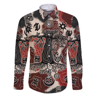 Sacred Heritage Family Matching Off The Shoulder Long Sleeve Dress and Hawaiian Shirt African Abstract Baobab Tree, Ethnic Symbols, and Red-Black Pattern - Wonder Print Shop