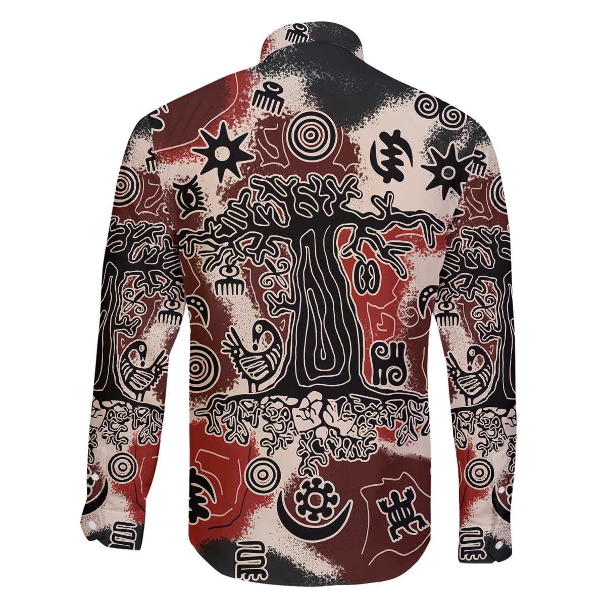 Sacred Heritage Family Matching Off The Shoulder Long Sleeve Dress and Hawaiian Shirt African Abstract Baobab Tree, Ethnic Symbols, and Red-Black Pattern - Wonder Print Shop