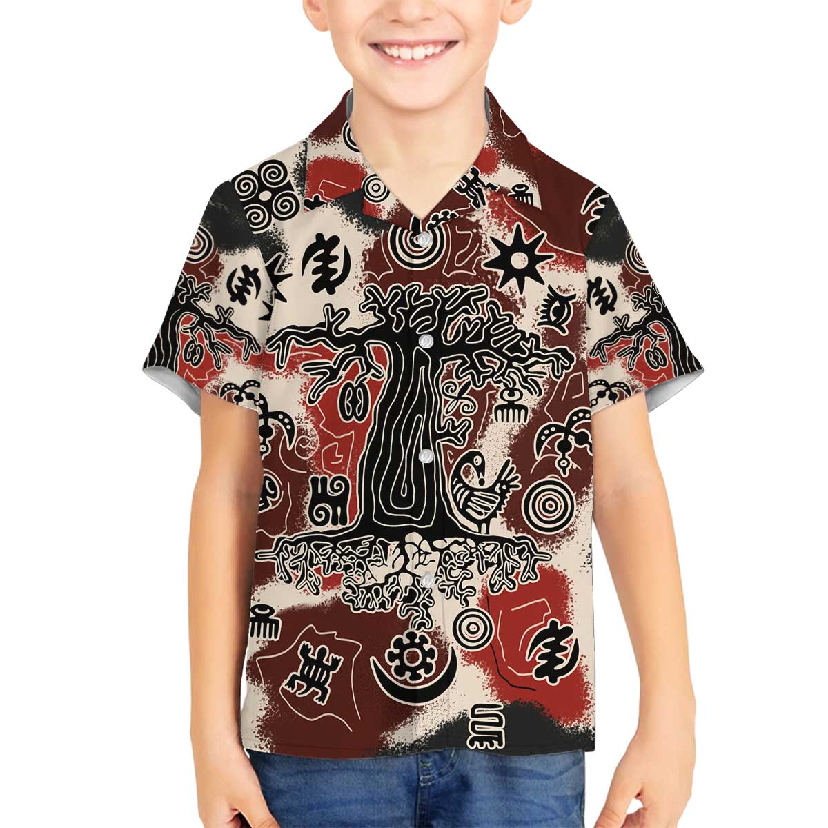 Sacred Heritage Family Matching Off The Shoulder Long Sleeve Dress and Hawaiian Shirt African Abstract Baobab Tree, Ethnic Symbols, and Red-Black Pattern - Wonder Print Shop
