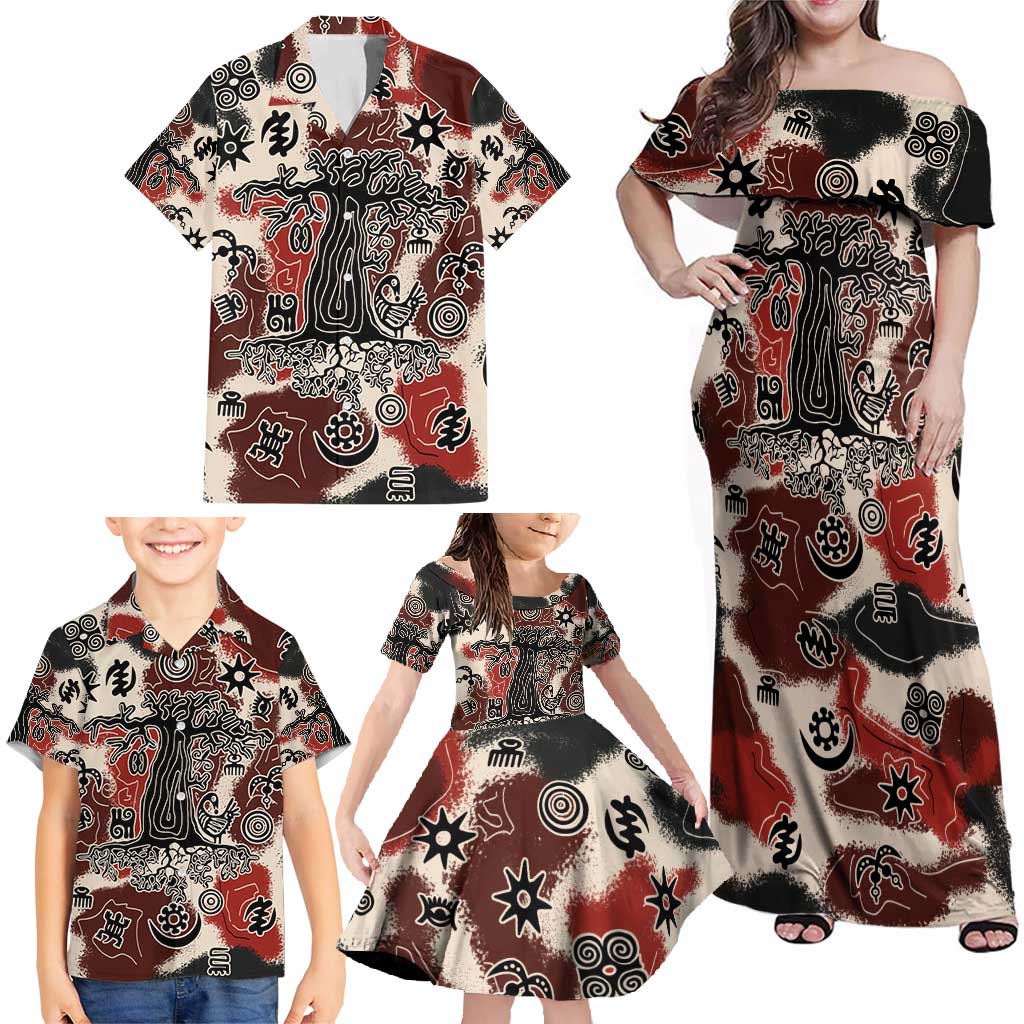 Sacred Heritage Family Matching Off Shoulder Maxi Dress and Hawaiian Shirt African Abstract Baobab Tree, Ethnic Symbols, and Red-Black Pattern - Wonder Print Shop
