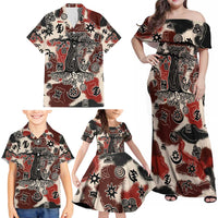Sacred Heritage Family Matching Off Shoulder Maxi Dress and Hawaiian Shirt African Abstract Baobab Tree, Ethnic Symbols, and Red-Black Pattern - Wonder Print Shop