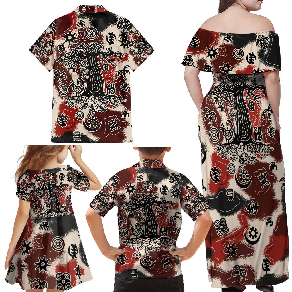 Sacred Heritage Family Matching Off Shoulder Maxi Dress and Hawaiian Shirt African Abstract Baobab Tree, Ethnic Symbols, and Red-Black Pattern - Wonder Print Shop