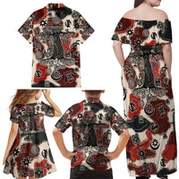 Sacred Heritage Family Matching Off Shoulder Maxi Dress and Hawaiian Shirt African Abstract Baobab Tree, Ethnic Symbols, and Red-Black Pattern - Wonder Print Shop