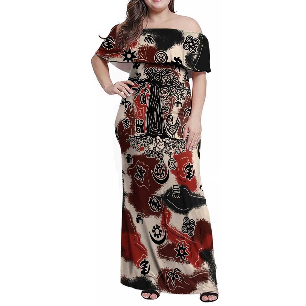 Sacred Heritage Family Matching Off Shoulder Maxi Dress and Hawaiian Shirt African Abstract Baobab Tree, Ethnic Symbols, and Red-Black Pattern - Wonder Print Shop