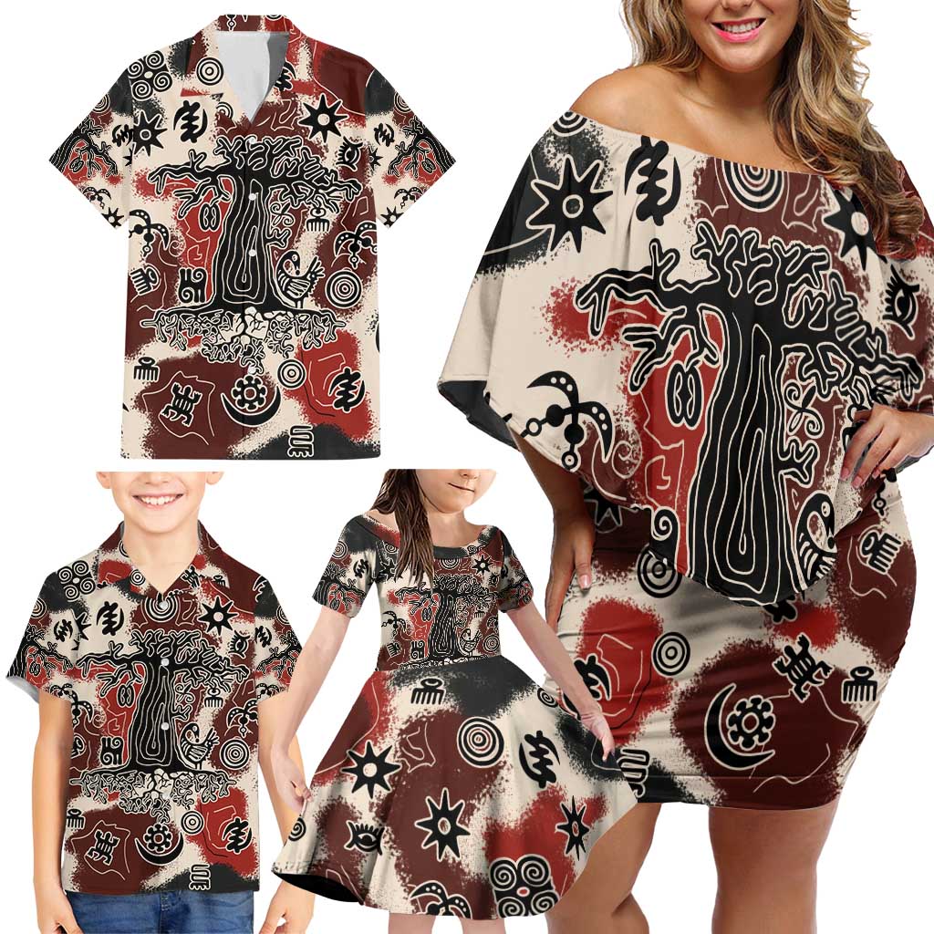 Sacred Heritage Family Matching Off Shoulder Short Dress and Hawaiian Shirt African Abstract Baobab Tree, Ethnic Symbols, and Red-Black Pattern - Wonder Print Shop