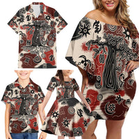 Sacred Heritage Family Matching Off Shoulder Short Dress and Hawaiian Shirt African Abstract Baobab Tree, Ethnic Symbols, and Red-Black Pattern - Wonder Print Shop