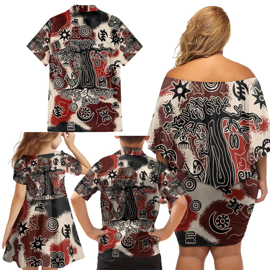 Sacred Heritage Family Matching Off Shoulder Short Dress and Hawaiian Shirt African Abstract Baobab Tree, Ethnic Symbols, and Red-Black Pattern - Wonder Print Shop
