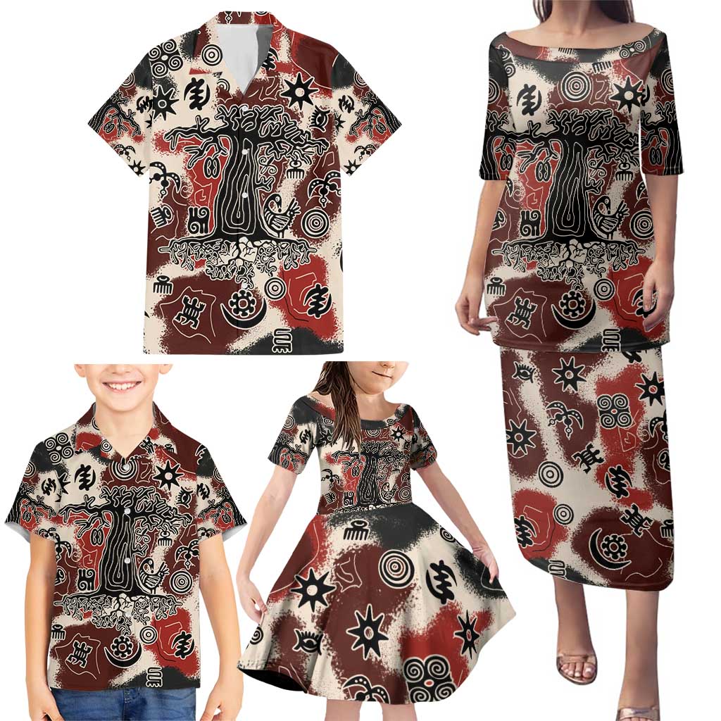 Sacred Heritage Family Matching Puletasi and Hawaiian Shirt African Abstract Baobab Tree, Ethnic Symbols, and Red-Black Pattern - Wonder Print Shop