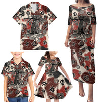 Sacred Heritage Family Matching Puletasi and Hawaiian Shirt African Abstract Baobab Tree, Ethnic Symbols, and Red-Black Pattern - Wonder Print Shop