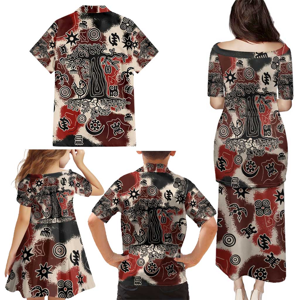 Sacred Heritage Family Matching Puletasi and Hawaiian Shirt African Abstract Baobab Tree, Ethnic Symbols, and Red-Black Pattern - Wonder Print Shop