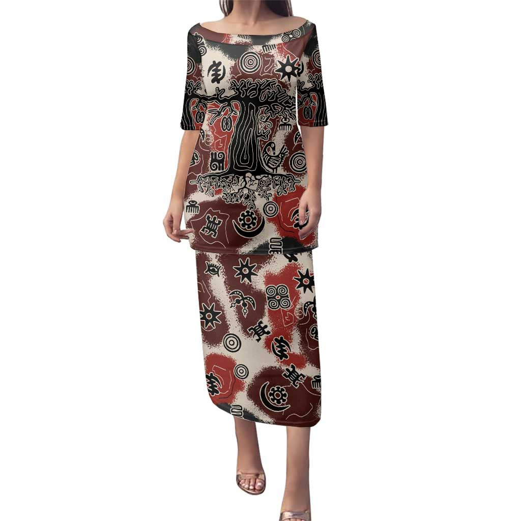 Sacred Heritage Family Matching Puletasi and Hawaiian Shirt African Abstract Baobab Tree, Ethnic Symbols, and Red-Black Pattern - Wonder Print Shop