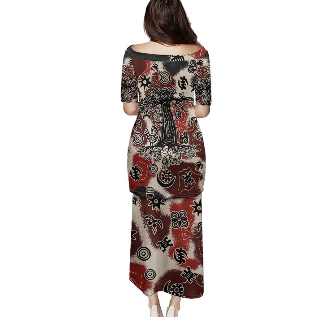 Sacred Heritage Family Matching Puletasi and Hawaiian Shirt African Abstract Baobab Tree, Ethnic Symbols, and Red-Black Pattern - Wonder Print Shop