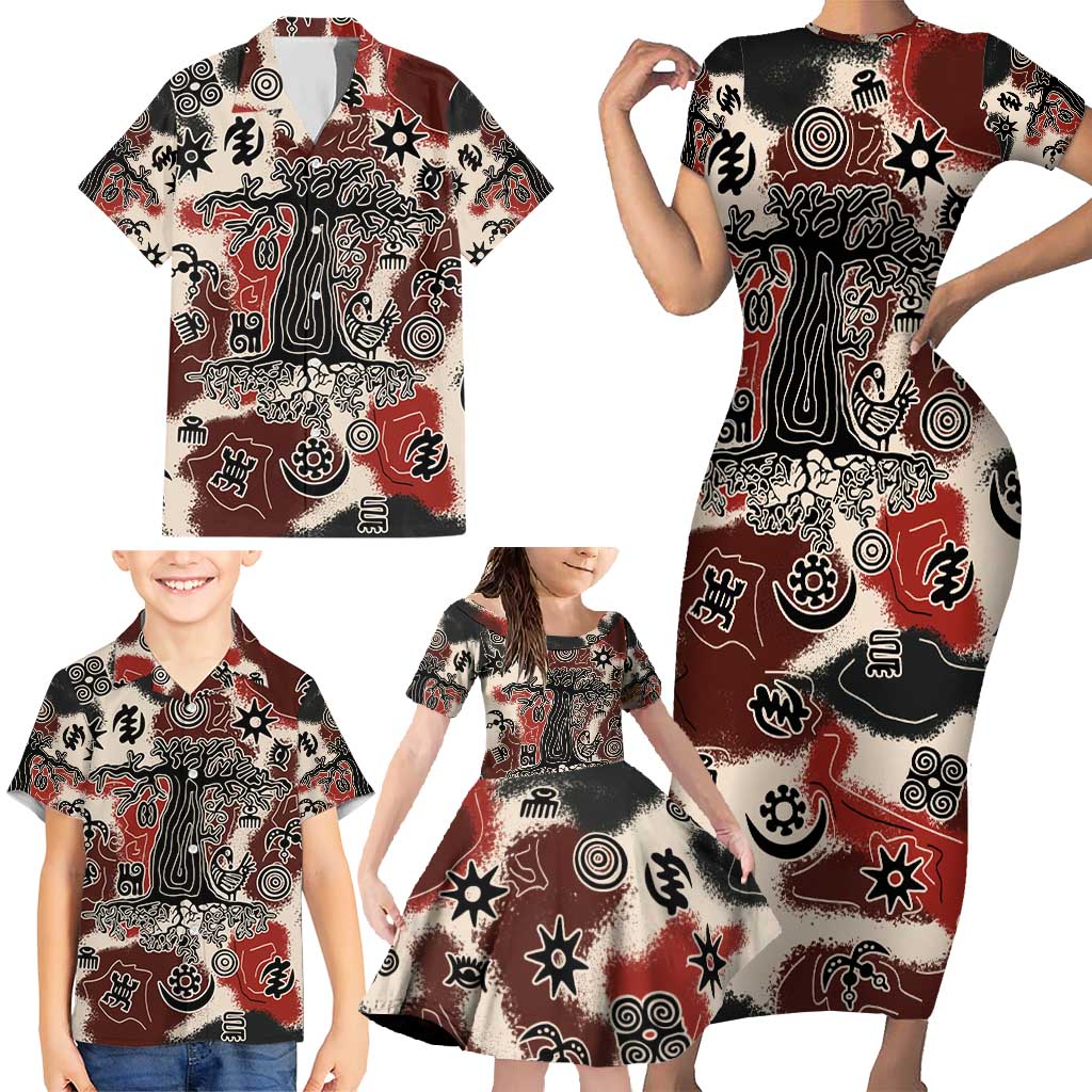 Sacred Heritage Family Matching Short Sleeve Bodycon Dress and Hawaiian Shirt African Abstract Baobab Tree, Ethnic Symbols, and Red-Black Pattern - Wonder Print Shop