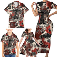 Sacred Heritage Family Matching Short Sleeve Bodycon Dress and Hawaiian Shirt African Abstract Baobab Tree, Ethnic Symbols, and Red-Black Pattern - Wonder Print Shop