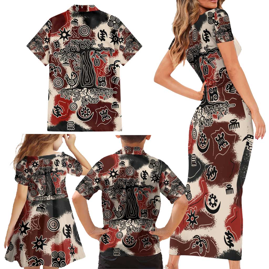 Sacred Heritage Family Matching Short Sleeve Bodycon Dress and Hawaiian Shirt African Abstract Baobab Tree, Ethnic Symbols, and Red-Black Pattern - Wonder Print Shop
