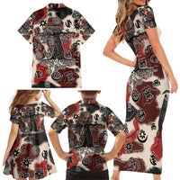 Sacred Heritage Family Matching Short Sleeve Bodycon Dress and Hawaiian Shirt African Abstract Baobab Tree, Ethnic Symbols, and Red-Black Pattern - Wonder Print Shop