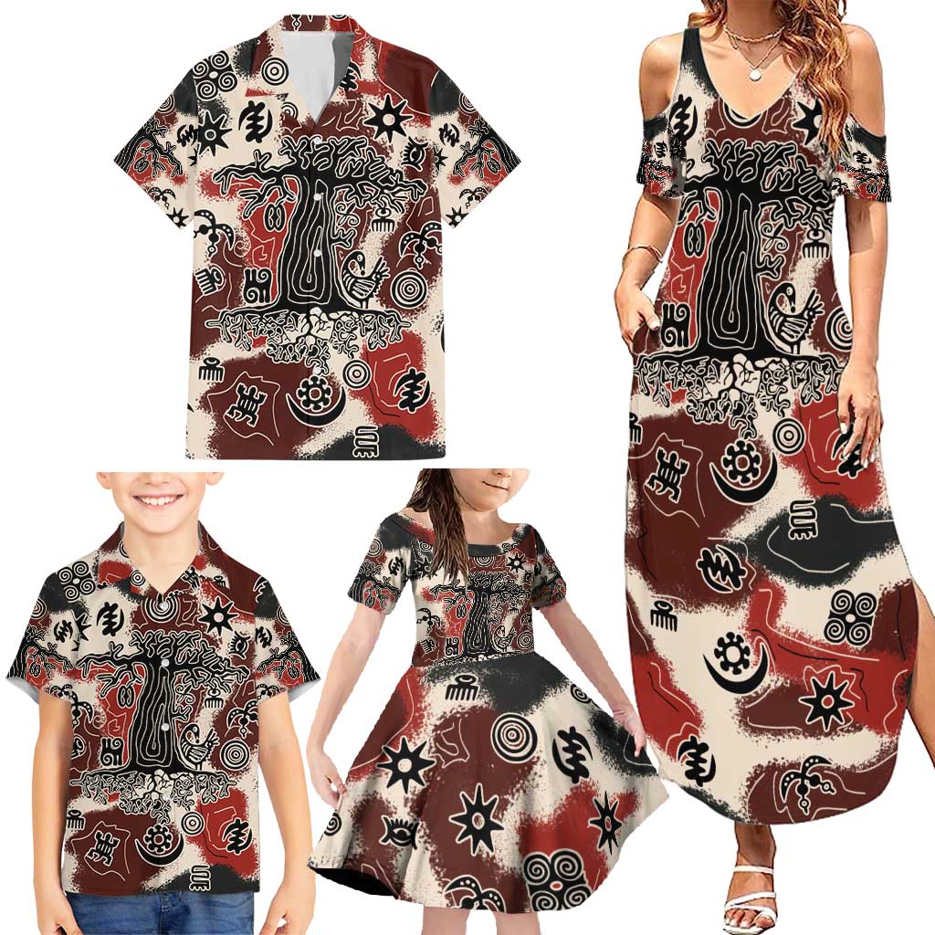 Sacred Heritage Family Matching Summer Maxi Dress and Hawaiian Shirt African Abstract Baobab Tree, Ethnic Symbols, and Red-Black Pattern - Wonder Print Shop