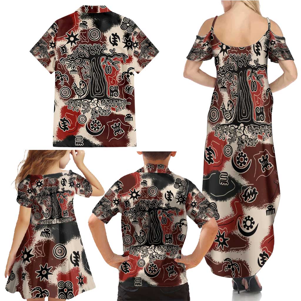 Sacred Heritage Family Matching Summer Maxi Dress and Hawaiian Shirt African Abstract Baobab Tree, Ethnic Symbols, and Red-Black Pattern - Wonder Print Shop