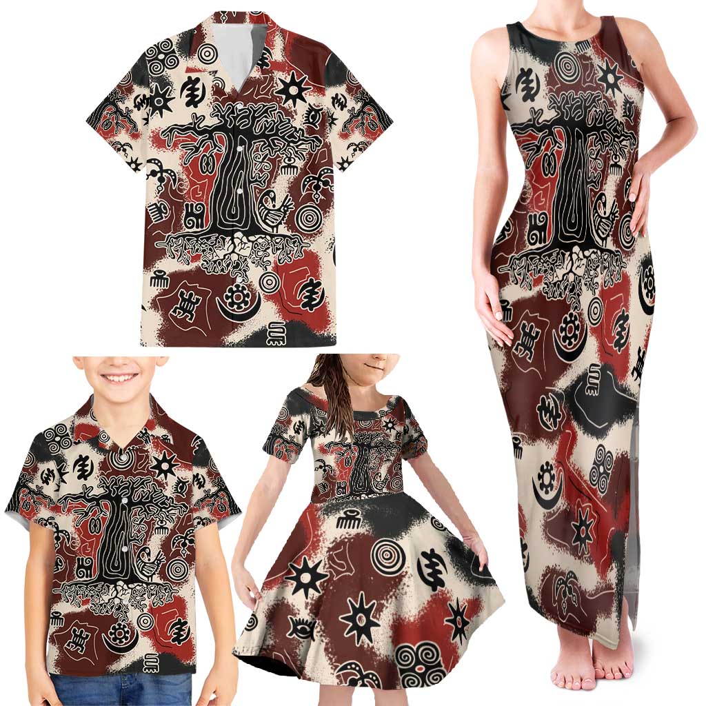 Sacred Heritage Family Matching Tank Maxi Dress and Hawaiian Shirt African Abstract Baobab Tree, Ethnic Symbols, and Red-Black Pattern - Wonder Print Shop