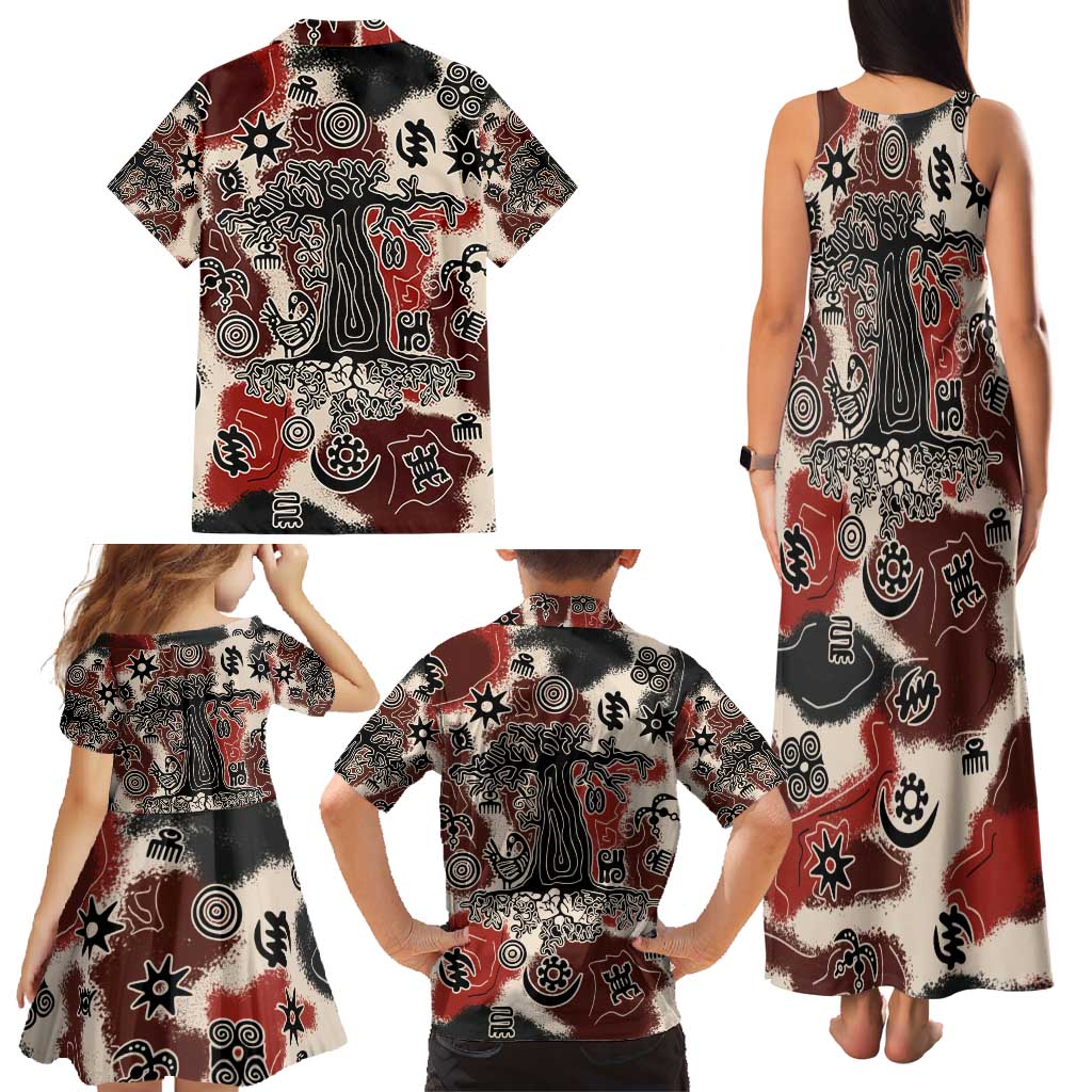 Sacred Heritage Family Matching Tank Maxi Dress and Hawaiian Shirt African Abstract Baobab Tree, Ethnic Symbols, and Red-Black Pattern - Wonder Print Shop