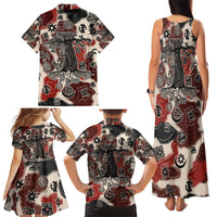 Sacred Heritage Family Matching Tank Maxi Dress and Hawaiian Shirt African Abstract Baobab Tree, Ethnic Symbols, and Red-Black Pattern - Wonder Print Shop