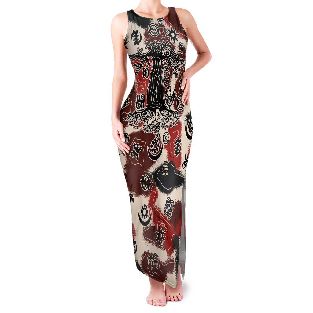 Sacred Heritage Family Matching Tank Maxi Dress and Hawaiian Shirt African Abstract Baobab Tree, Ethnic Symbols, and Red-Black Pattern - Wonder Print Shop