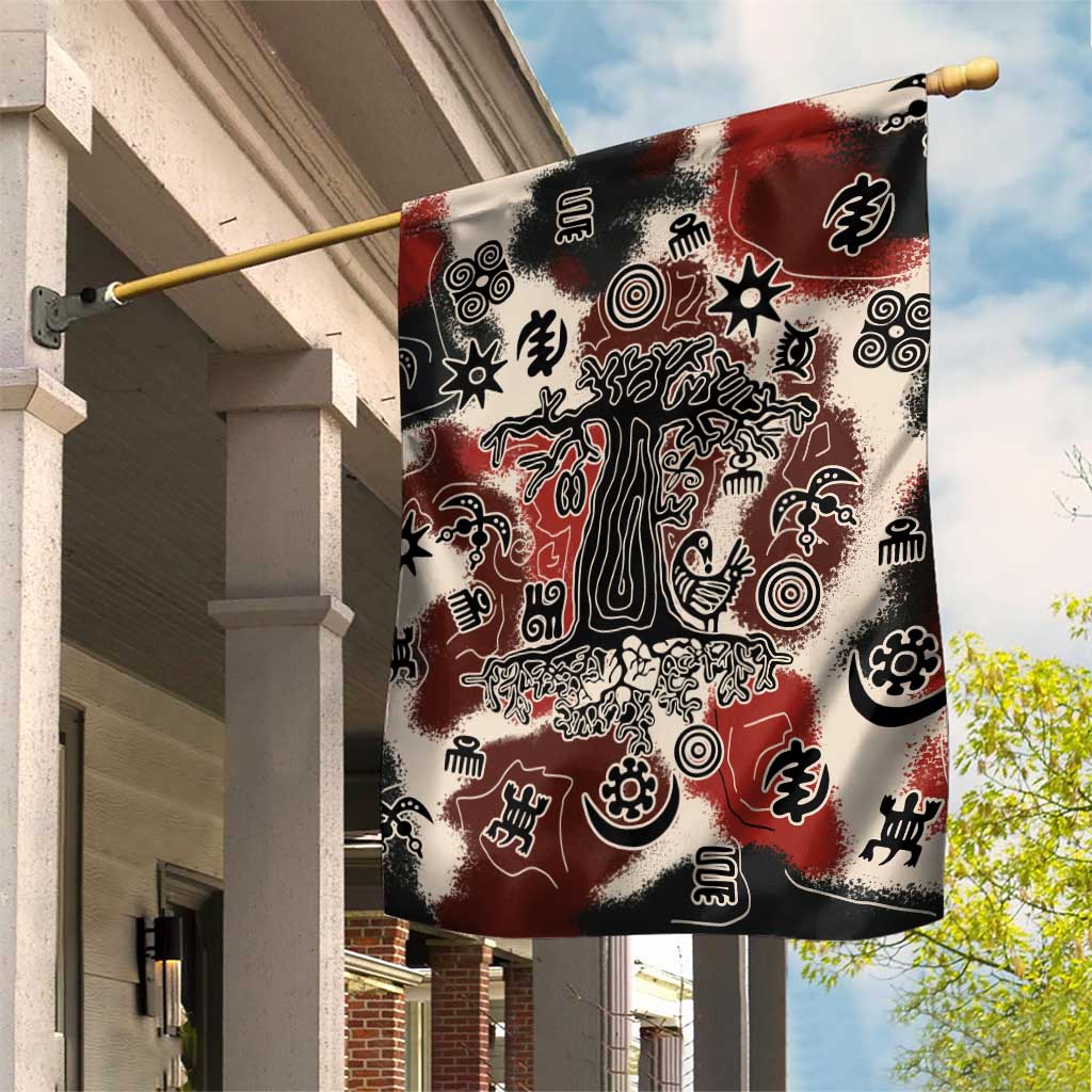 Sacred Heritage Garden Flag African Abstract Baobab Tree, Ethnic Symbols, and Red-Black Pattern - Wonder Print Shop
