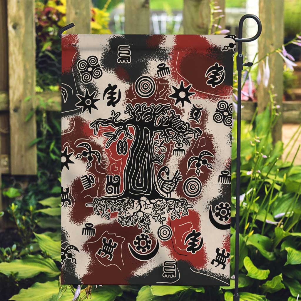 Sacred Heritage Garden Flag African Abstract Baobab Tree, Ethnic Symbols, and Red-Black Pattern - Wonder Print Shop