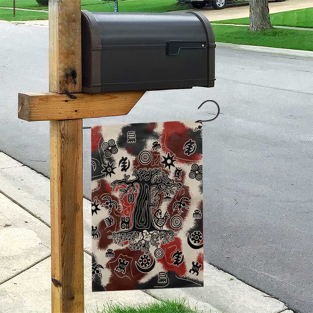 Sacred Heritage Garden Flag African Abstract Baobab Tree, Ethnic Symbols, and Red-Black Pattern - Wonder Print Shop