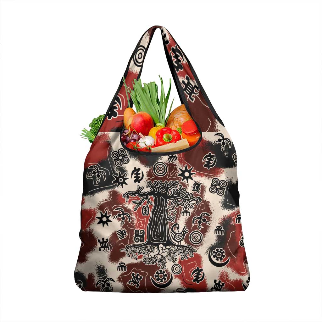 Sacred Heritage Grocery Bag African Abstract Baobab Tree, Ethnic Symbols, and Red-Black Pattern - Wonder Print Shop