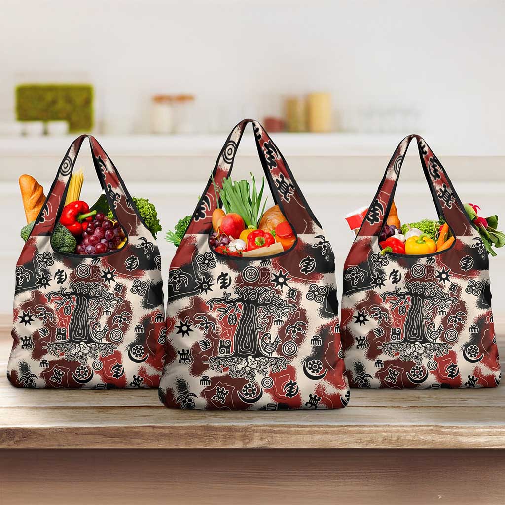 Sacred Heritage Grocery Bag African Abstract Baobab Tree, Ethnic Symbols, and Red-Black Pattern - Wonder Print Shop