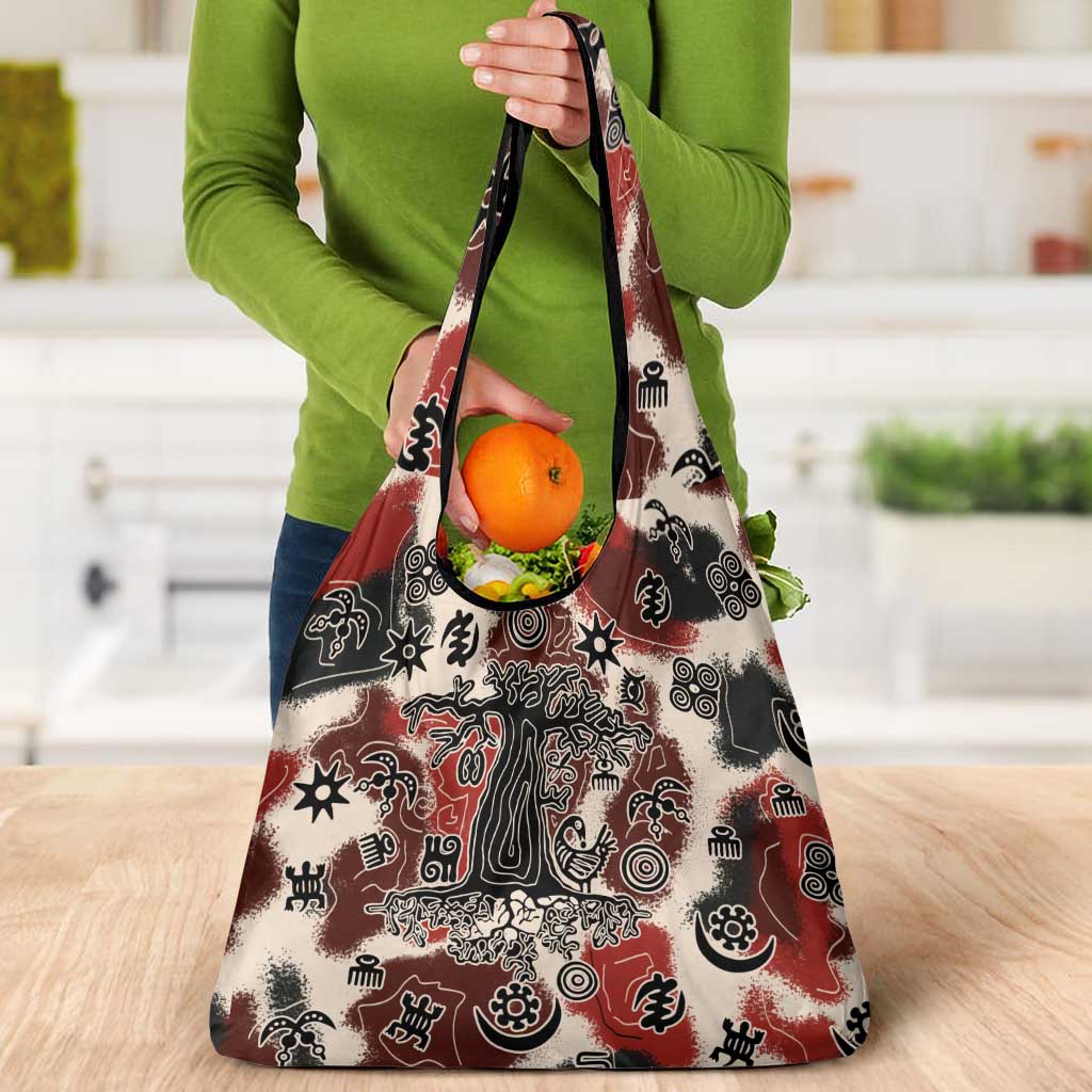 Sacred Heritage Grocery Bag African Abstract Baobab Tree, Ethnic Symbols, and Red-Black Pattern - Wonder Print Shop