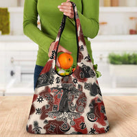 Sacred Heritage Grocery Bag African Abstract Baobab Tree, Ethnic Symbols, and Red-Black Pattern - Wonder Print Shop
