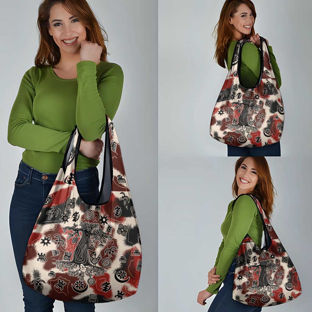 Sacred Heritage Grocery Bag African Abstract Baobab Tree, Ethnic Symbols, and Red-Black Pattern - Wonder Print Shop