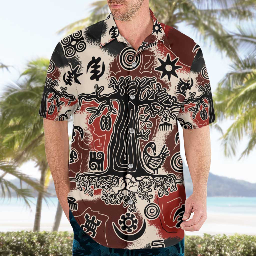 Sacred Heritage Hawaiian Shirt African Abstract Baobab Tree, Ethnic Symbols, and Red-Black Pattern - Wonder Print Shop