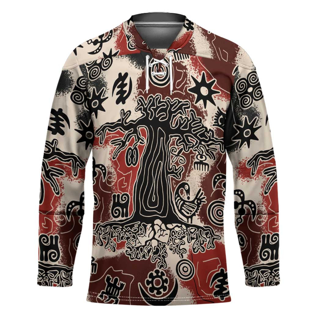 Sacred Heritage Hockey Jersey African Abstract Baobab Tree, Ethnic Symbols, and Red-Black Pattern - Wonder Print Shop