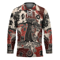 Sacred Heritage Hockey Jersey African Abstract Baobab Tree, Ethnic Symbols, and Red-Black Pattern - Wonder Print Shop