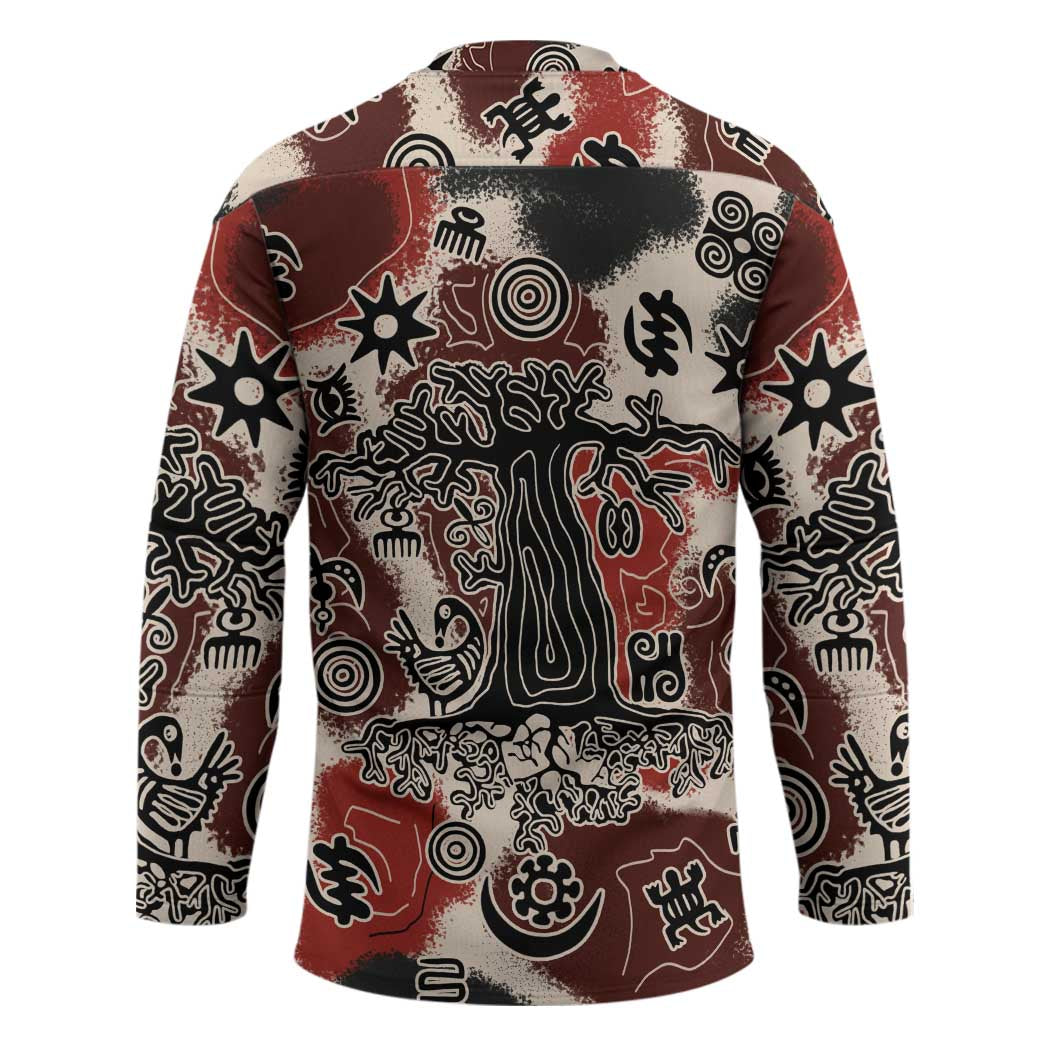 Sacred Heritage Hockey Jersey African Abstract Baobab Tree, Ethnic Symbols, and Red-Black Pattern - Wonder Print Shop