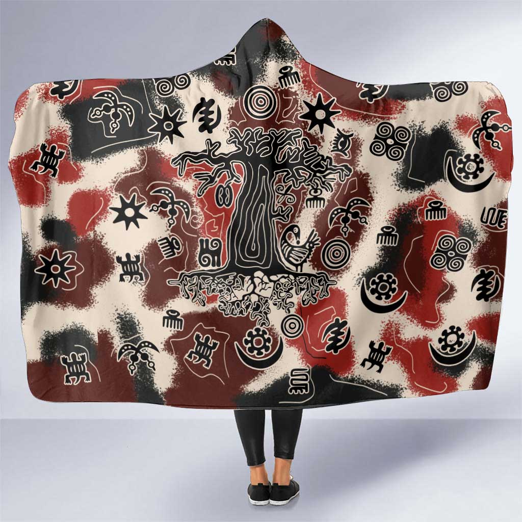 Sacred Heritage Hooded Blanket African Abstract Baobab Tree, Ethnic Symbols, and Red-Black Pattern - Wonder Print Shop