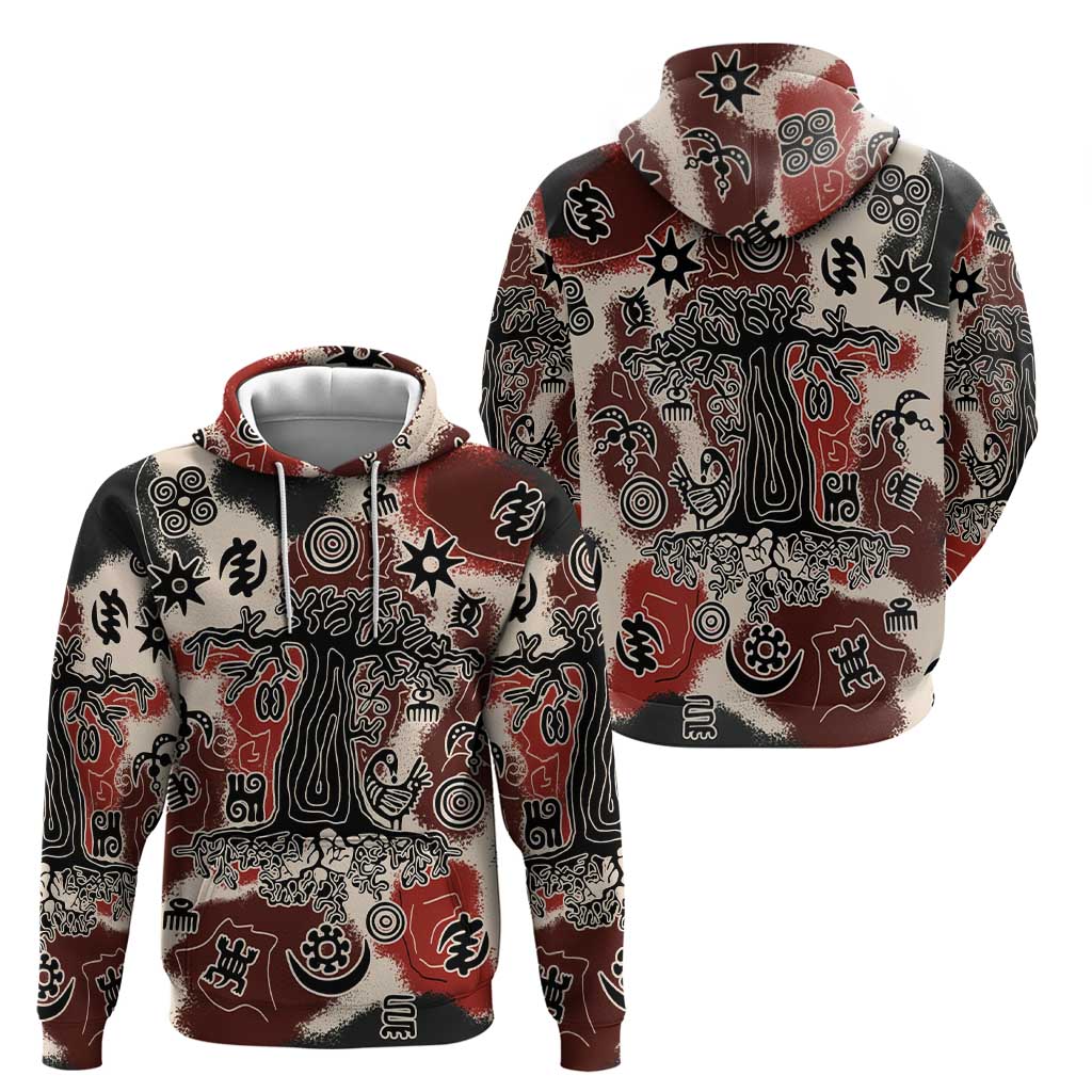 Sacred Heritage Hoodie African Abstract Baobab Tree, Ethnic Symbols, and Red-Black Pattern - Wonder Print Shop