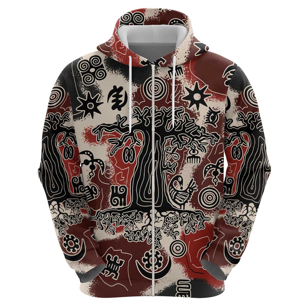 Sacred Heritage Hoodie African Abstract Baobab Tree, Ethnic Symbols, and Red-Black Pattern - Wonder Print Shop