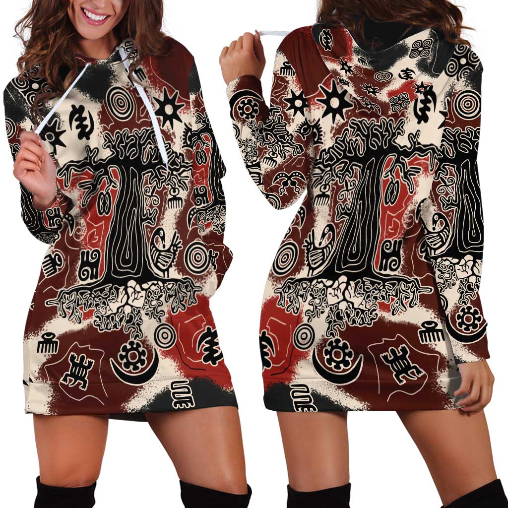 Sacred Heritage Hoodie Dress African Abstract Baobab Tree, Ethnic Symbols, and Red-Black Pattern - Wonder Print Shop