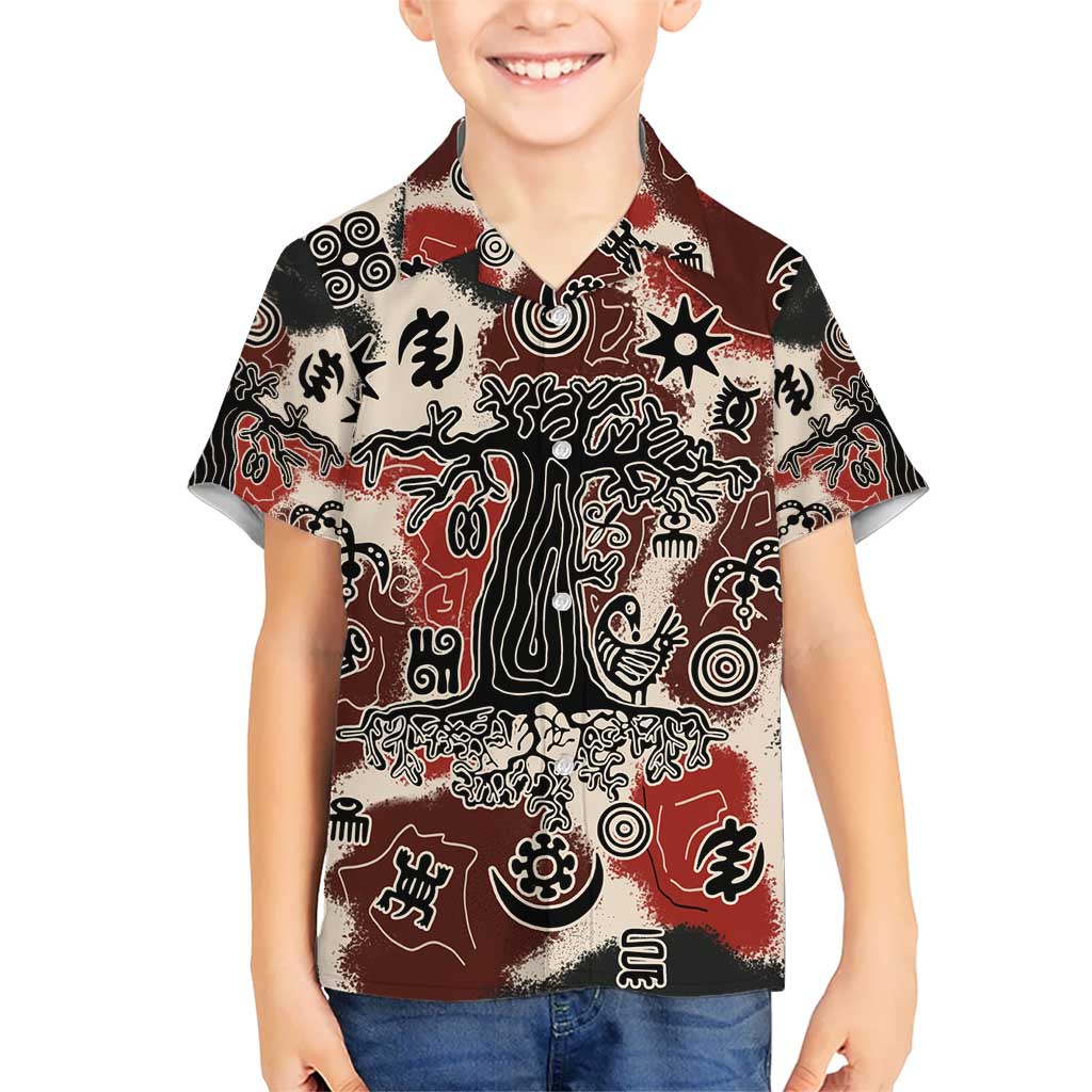 Sacred Heritage Kid Hawaiian Shirt African Abstract Baobab Tree, Ethnic Symbols, and Red-Black Pattern - Wonder Print Shop