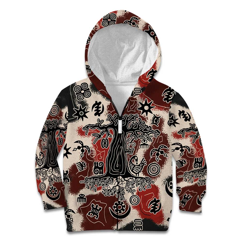 Sacred Heritage Kid Hoodie African Abstract Baobab Tree, Ethnic Symbols, and Red-Black Pattern - Wonder Print Shop