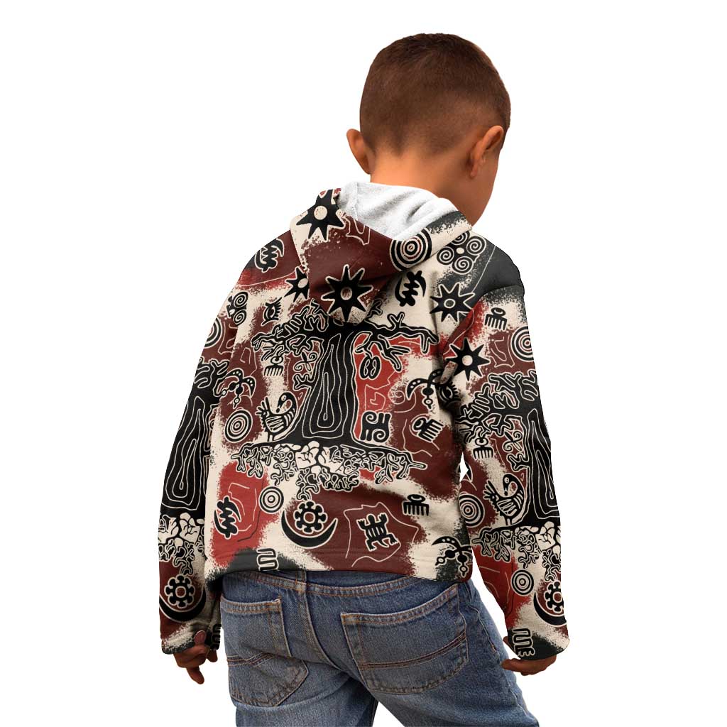 Sacred Heritage Kid Hoodie African Abstract Baobab Tree, Ethnic Symbols, and Red-Black Pattern - Wonder Print Shop