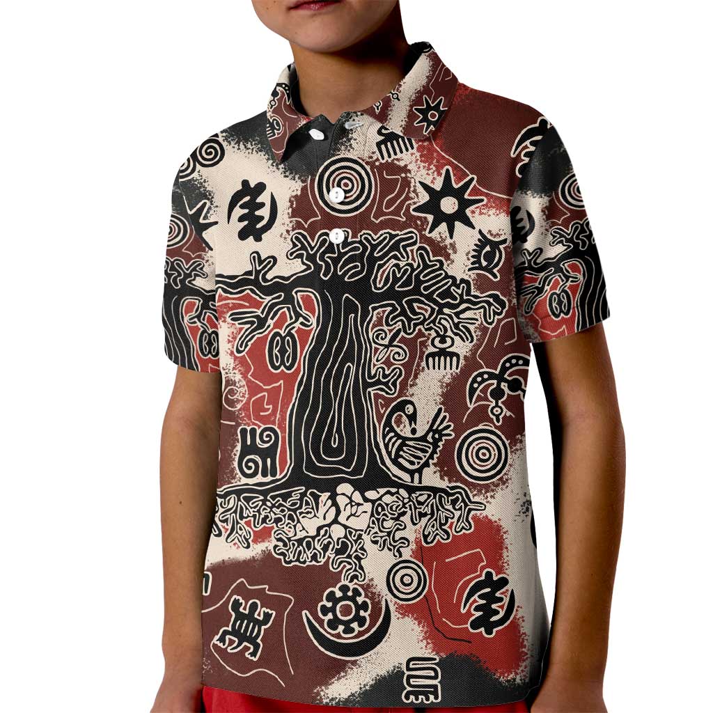 Sacred Heritage Kid Polo Shirt African Abstract Baobab Tree, Ethnic Symbols, and Red-Black Pattern - Wonder Print Shop