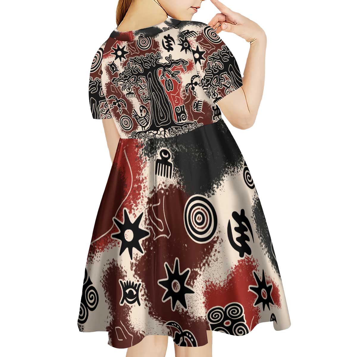 Sacred Heritage Kid Short Sleeve Dress African Abstract Baobab Tree, Ethnic Symbols, and Red-Black Pattern - Wonder Print Shop